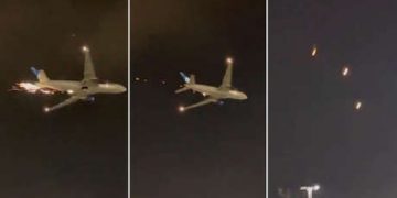 Un avión de United Airlines lanza chispas en el aire poco después de despegar (VIDEO)