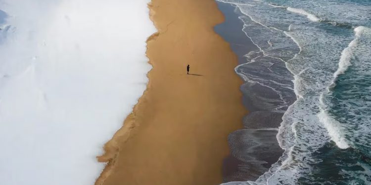 La impresionante playa donde se junta la nieve, la arena y el mar