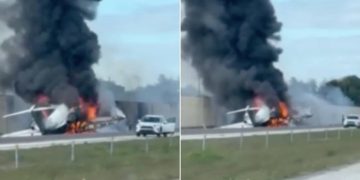 Jet privado se estrella contra un coche y se incendia en una carretera de Florida (VIDEO)