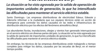 Edesur, Edeeste y Edenorte actúan en emergencia para restaurar el servicio eléctrico tras los efectos de Beryl