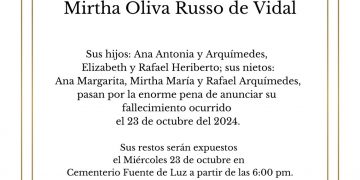 Fallece Mirtha Oliva Russo vda. Vidal, destacada por su fe y legado familiar
