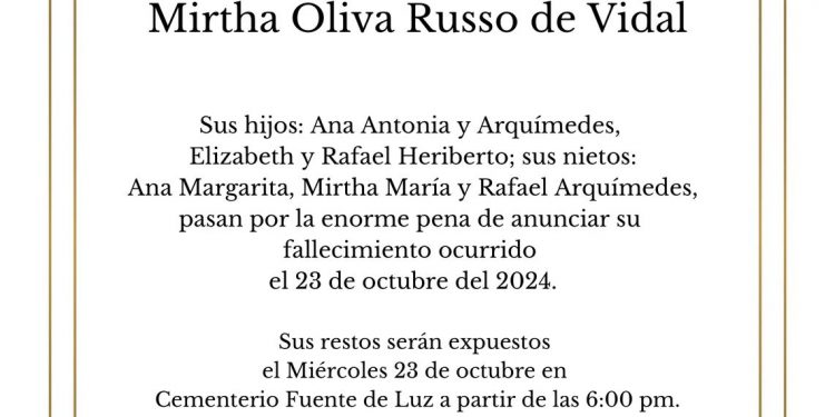 Fallece Mirtha Oliva Russo vda. Vidal, destacada por su fe y legado familiar